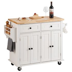 Kitchen Island Cart with Solid Wood Top, 35.4" Width Mobile Carts with Storage Cabinet, Rolling Kitchen Table with Spice Rack, Towel Rack, and Dr
