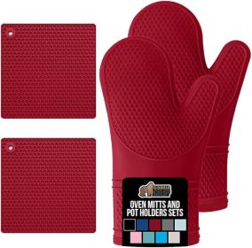 Free Soft Silicone Oven Mitts and Pot Holders Sets of 4, Heat Resistant Waterproof Cooking Gloves, Thick Cotton Lining (Color: Red)